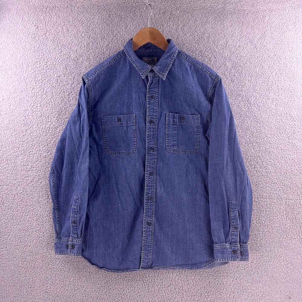 LL Bean Mens Denim Button Down Shirt Medium Regular Blue Cotton Workwear